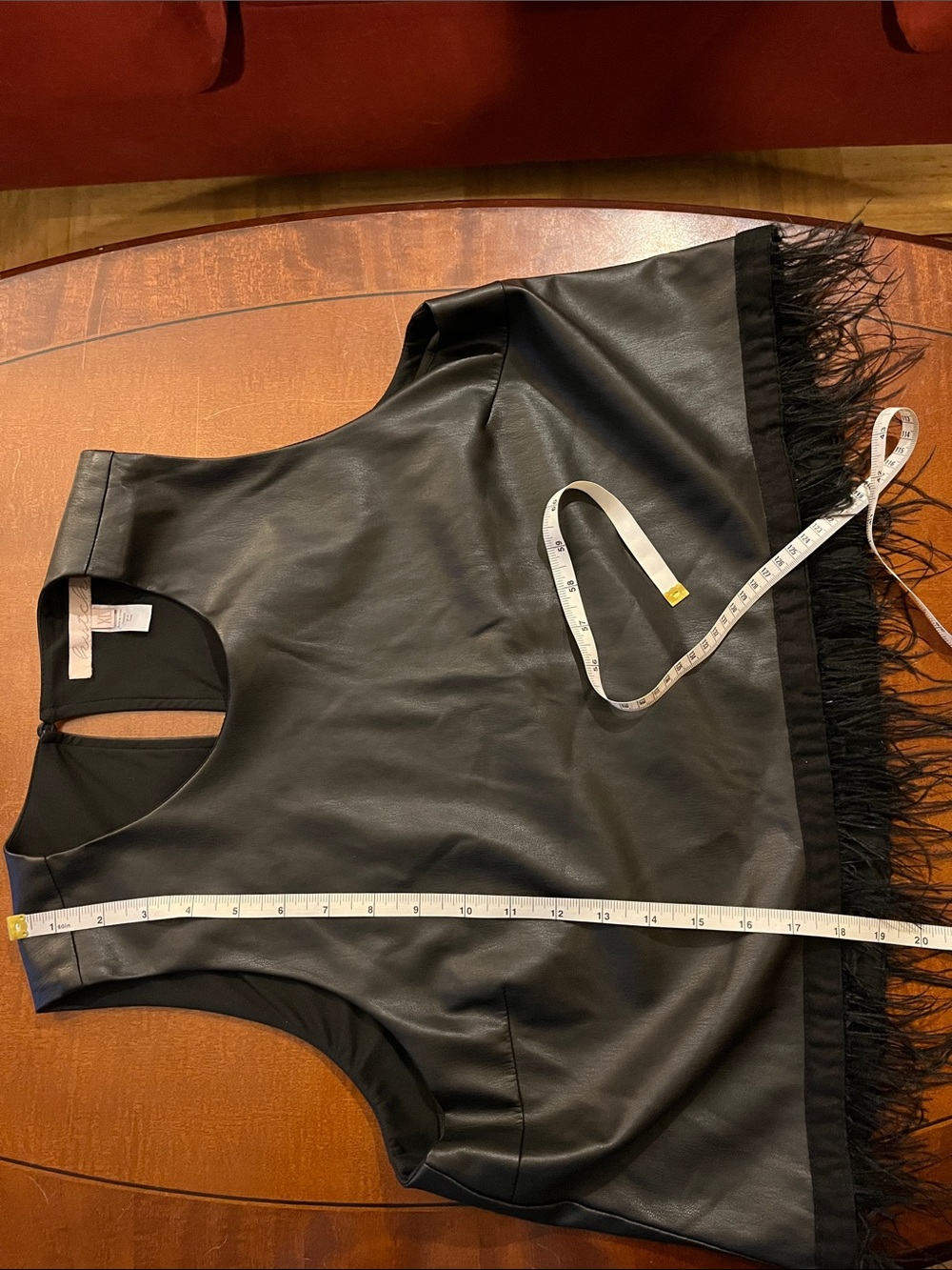 Anthropologie Hutch vegan leather tank top w/ ostrich feathers trim. Black. XL - Picture 9 of 9